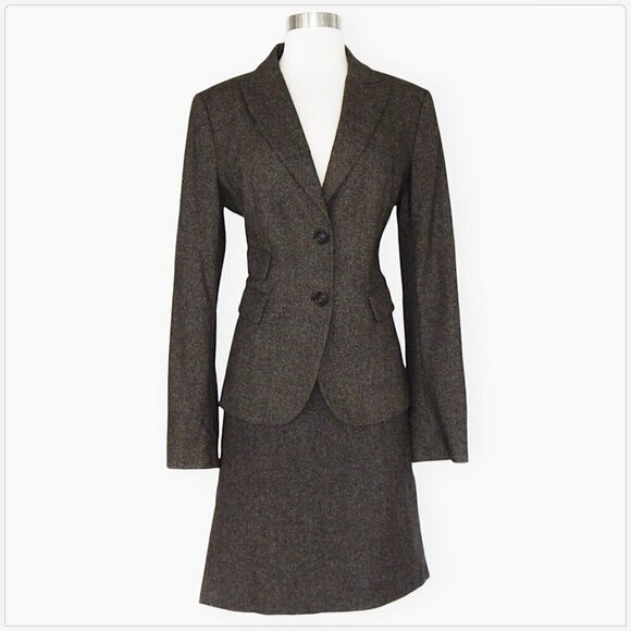 United Colors of Benetton Brown Tweed 2 Piece Blazer Jacket Skirt Suit 46 44 - Picture 1 of 7